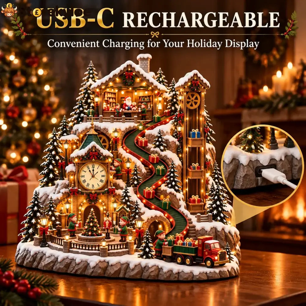 Animated Christmas Toy Factory Village With Moving Clock & Gift Conveyor Usb-c Rechargeable Lighted Holiday Centerpiece