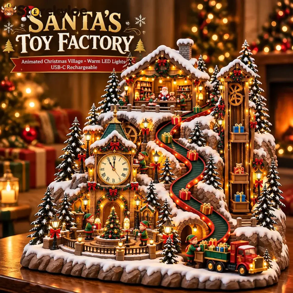 Animated Christmas Toy Factory Village With Moving Clock & Gift Conveyor Usb-c Rechargeable Lighted Holiday Centerpiece