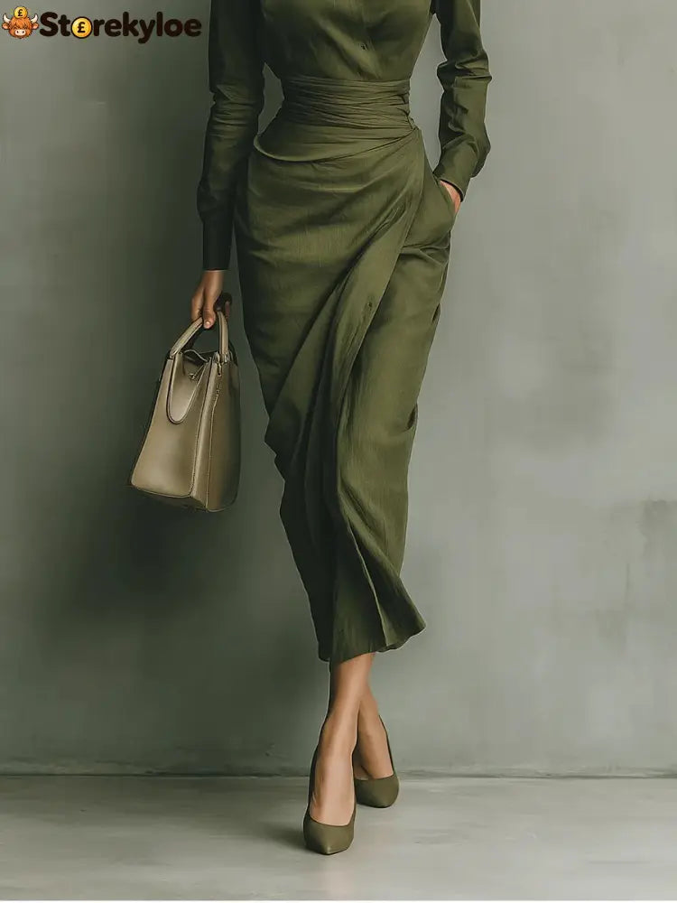 Army Green Cotton Blended Maxi Dress