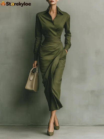 Army Green Cotton Blended Maxi Dress - Army Green / XS