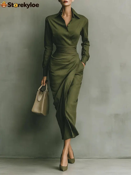 Army Green Cotton Blended Maxi Dress - Army Green / XS