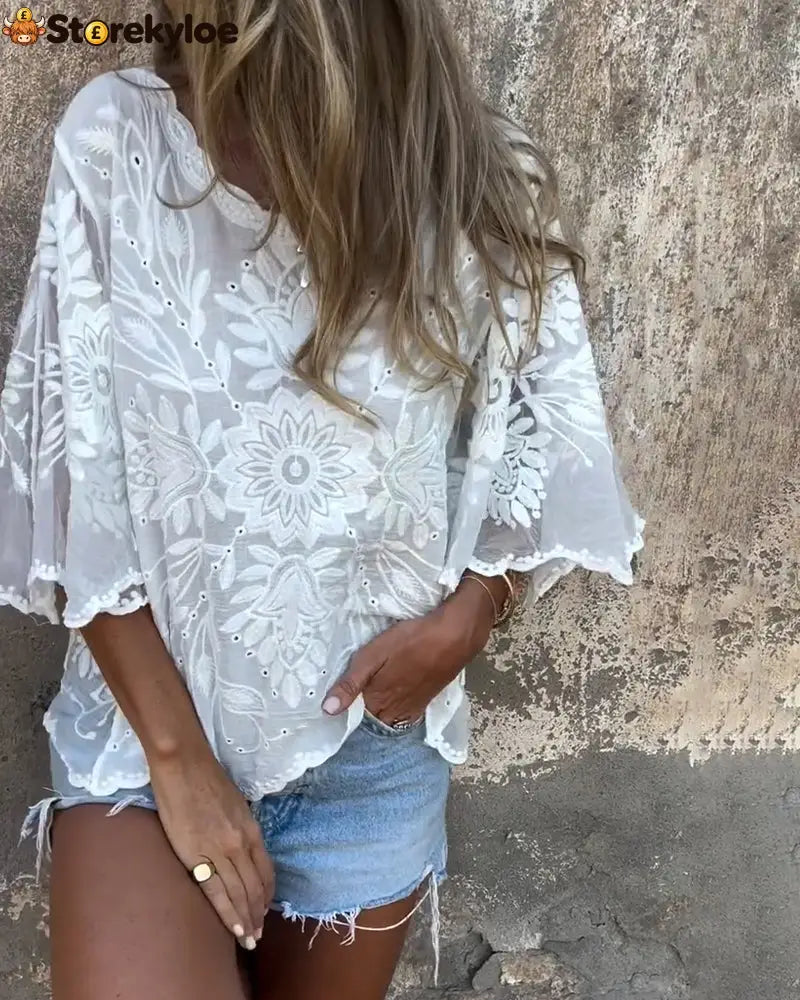 Aumora Butterfly Sleeve Round Neck Embroidered Blouse - White / S