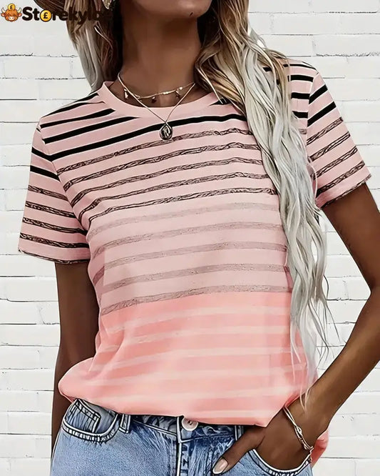 Aumora Round Neck Short Sleeve Striped T-Shirt - Pink / S