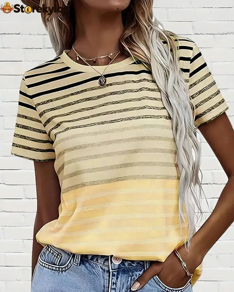 Aumora Round Neck Short Sleeve Striped T-Shirt - Yellow / S