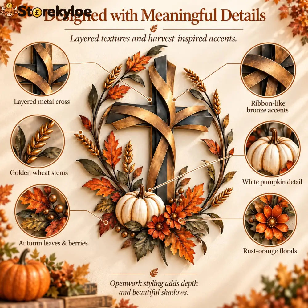 ✝️🍂 Autumn Cross & Pumpkin Harvest Metal Wall Decor
