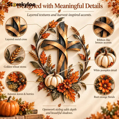 ✝️🍂 Autumn Cross & Pumpkin Harvest Metal Wall Decor