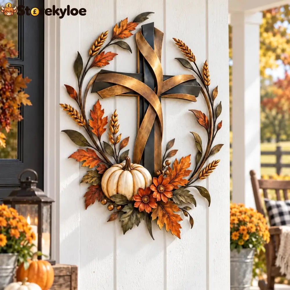 ✝️🍂 Autumn Cross & Pumpkin Harvest Metal Wall Decor