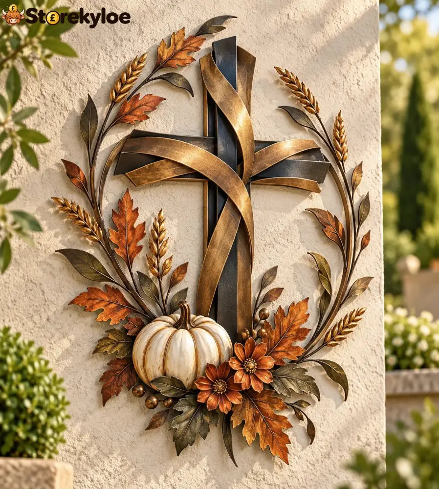✝️🍂 Autumn Cross & Pumpkin Harvest Metal Wall Decor