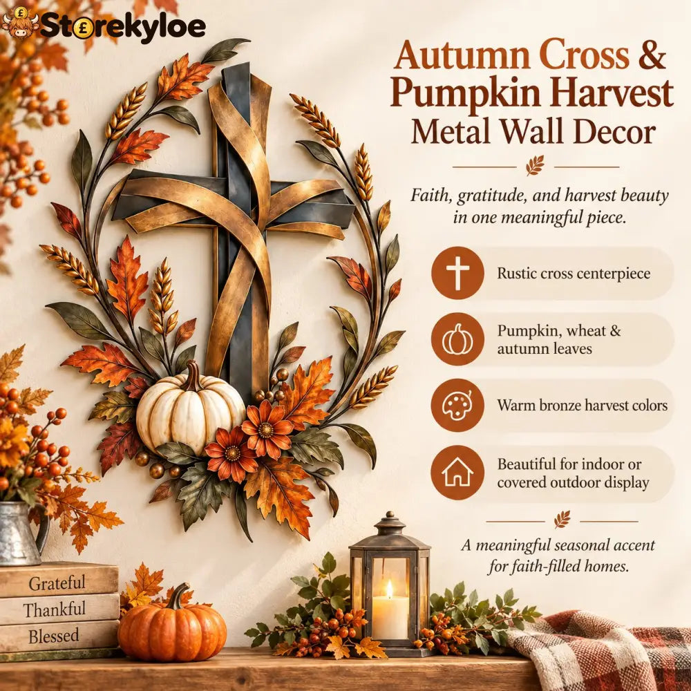 ✝️🍂 Autumn Cross & Pumpkin Harvest Metal Wall Decor