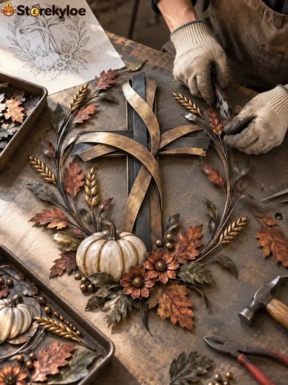 ✝️🍂 Autumn Cross & Pumpkin Harvest Metal Wall Decor