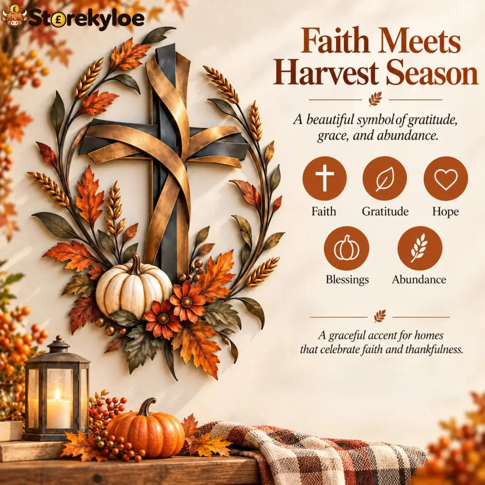 ✝️🍂 Autumn Cross & Pumpkin Harvest Metal Wall Decor