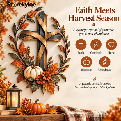 ✝️🍂 Autumn Cross & Pumpkin Harvest Metal Wall Decor