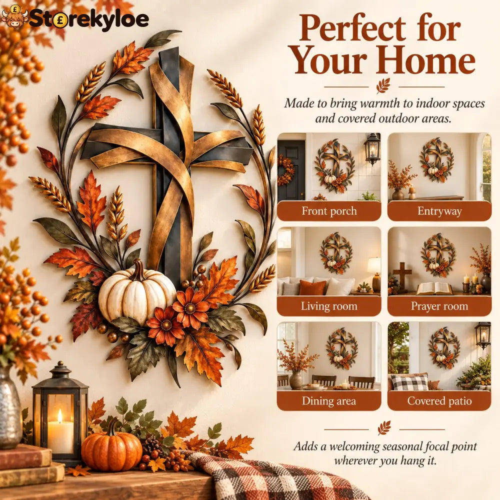 ✝️🍂 Autumn Cross & Pumpkin Harvest Metal Wall Decor
