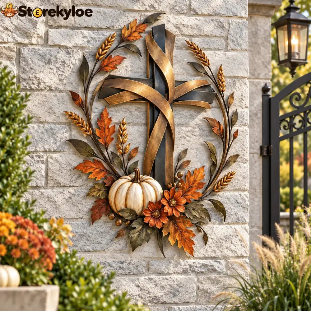 ✝️🍂 Autumn Cross & Pumpkin Harvest Metal Wall Decor