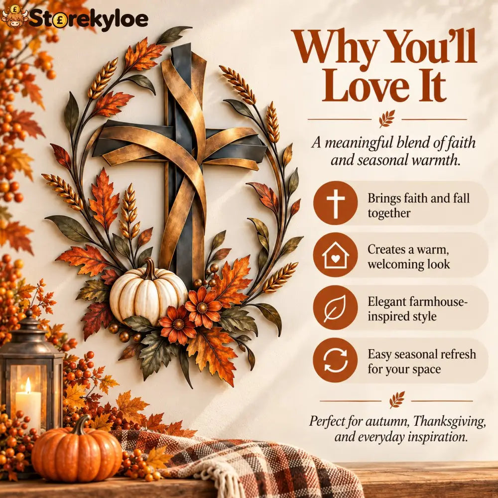 ✝️🍂 Autumn Cross & Pumpkin Harvest Metal Wall Decor