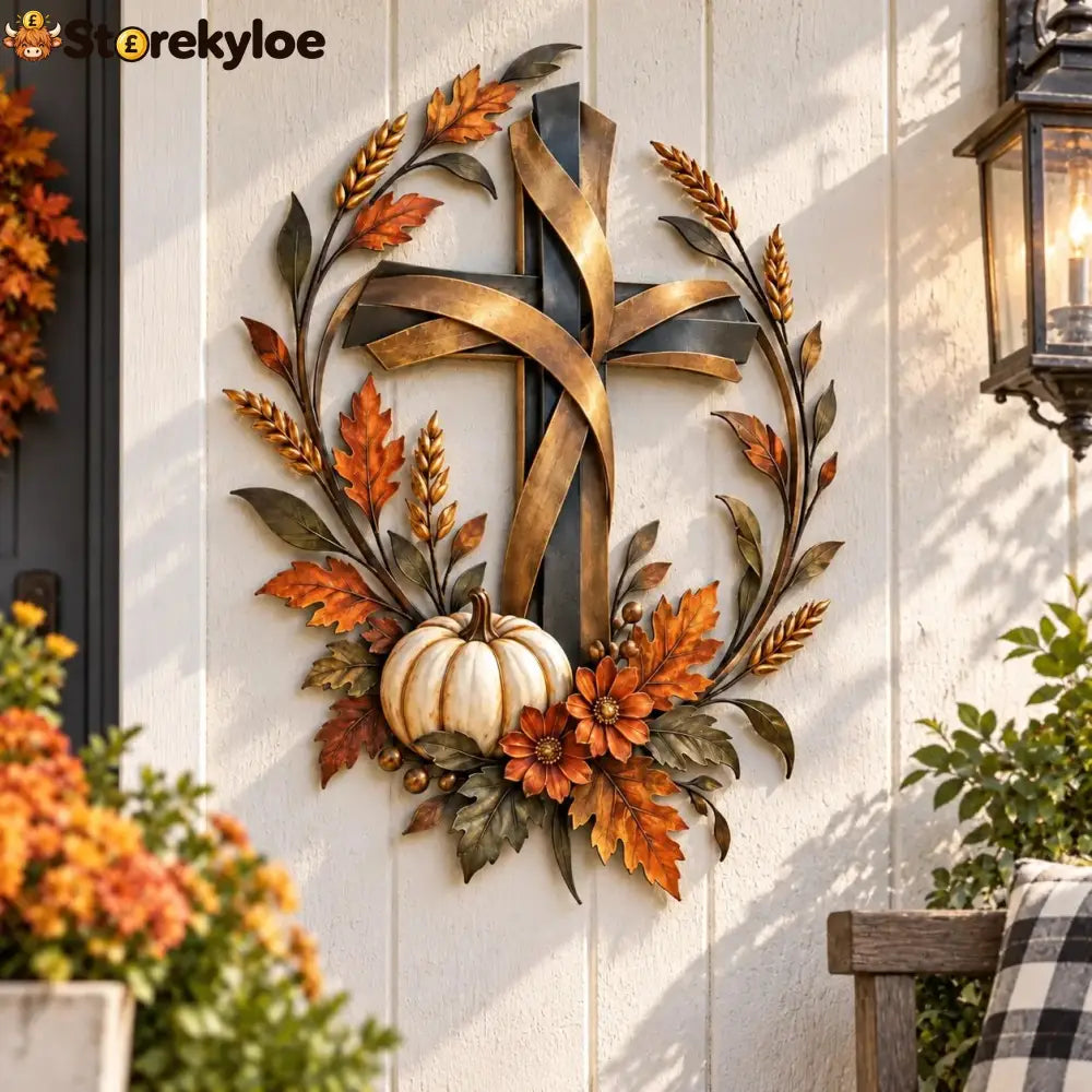 ✝️🍂 Autumn Cross & Pumpkin Harvest Metal Wall Decor