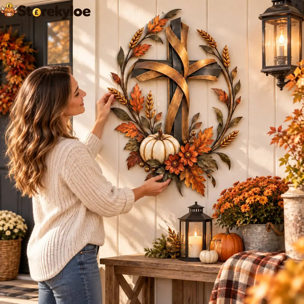 ✝️🍂 Autumn Cross & Pumpkin Harvest Metal Wall Decor