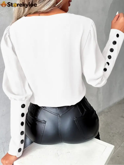 Autumn Fashion V-neck Solid Color Long Sleeve Button-up Shirt