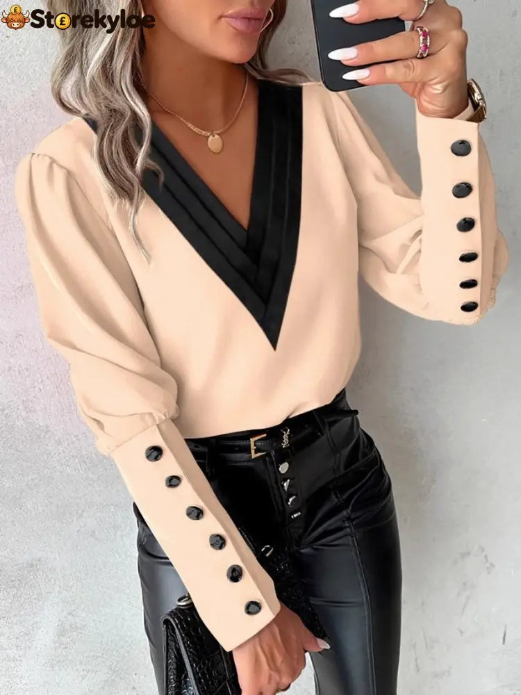 Autumn Fashion V-neck Solid Color Long Sleeve Button-up Shirt - Apricot / S