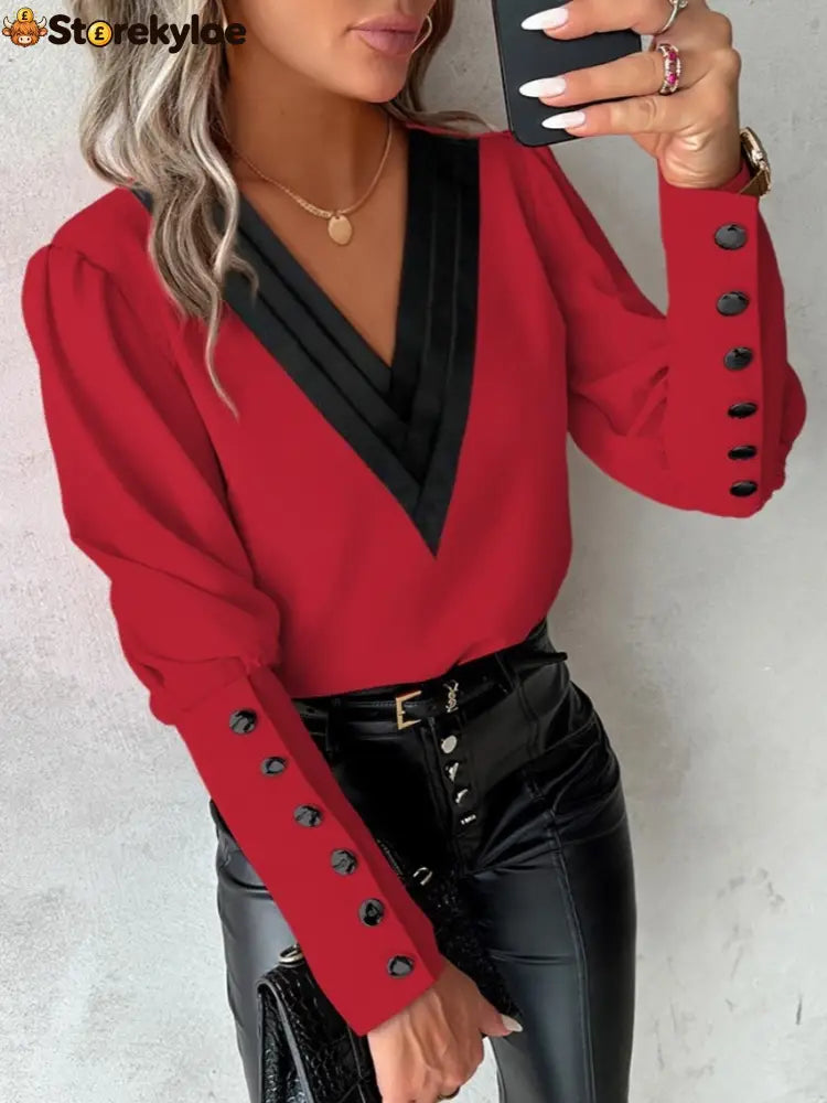 Autumn Fashion V-neck Solid Color Long Sleeve Button-up Shirt - Red / S