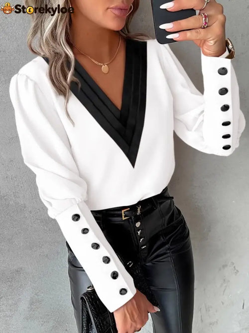 Autumn Fashion V-neck Solid Color Long Sleeve Button-up Shirt - White / S