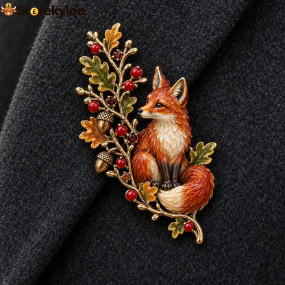 Autumn Woodland Fox 🦊 Oak & Berry Country Brooch - fox