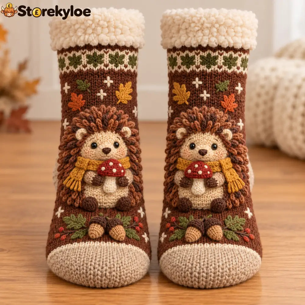 🍂 Autumn Woodland Knit Sock Collection - Brown Hedgehog