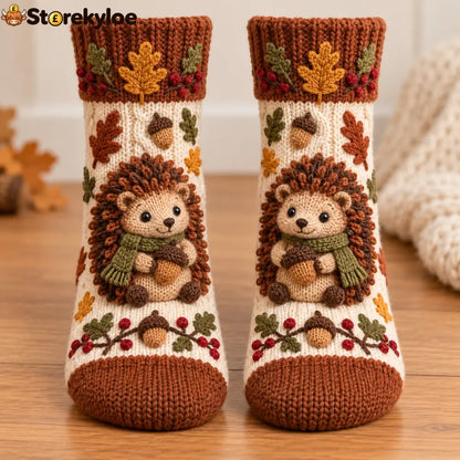 🍂 Autumn Woodland Knit Sock Collection - Cream Hedgehog