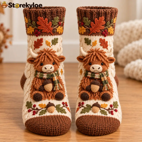 🍂 Autumn Woodland Knit Sock Collection - Cream Highland Cow