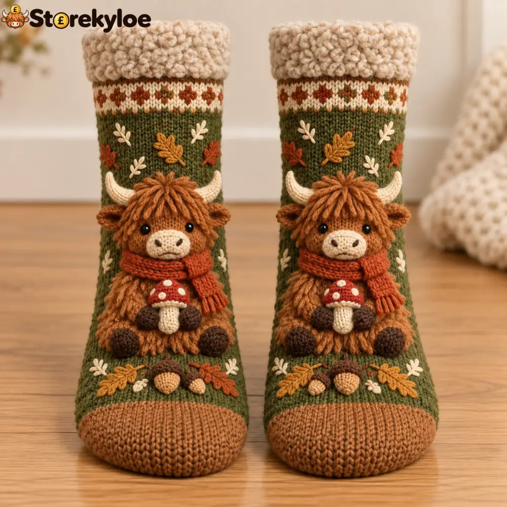 🍂 Autumn Woodland Knit Sock Collection - Green Highland Cow