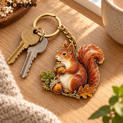 AUTUMN WOODLAND SQUIRREL 🍂 Oak & Acorn Keepsake Keyring - Oak & Acorn