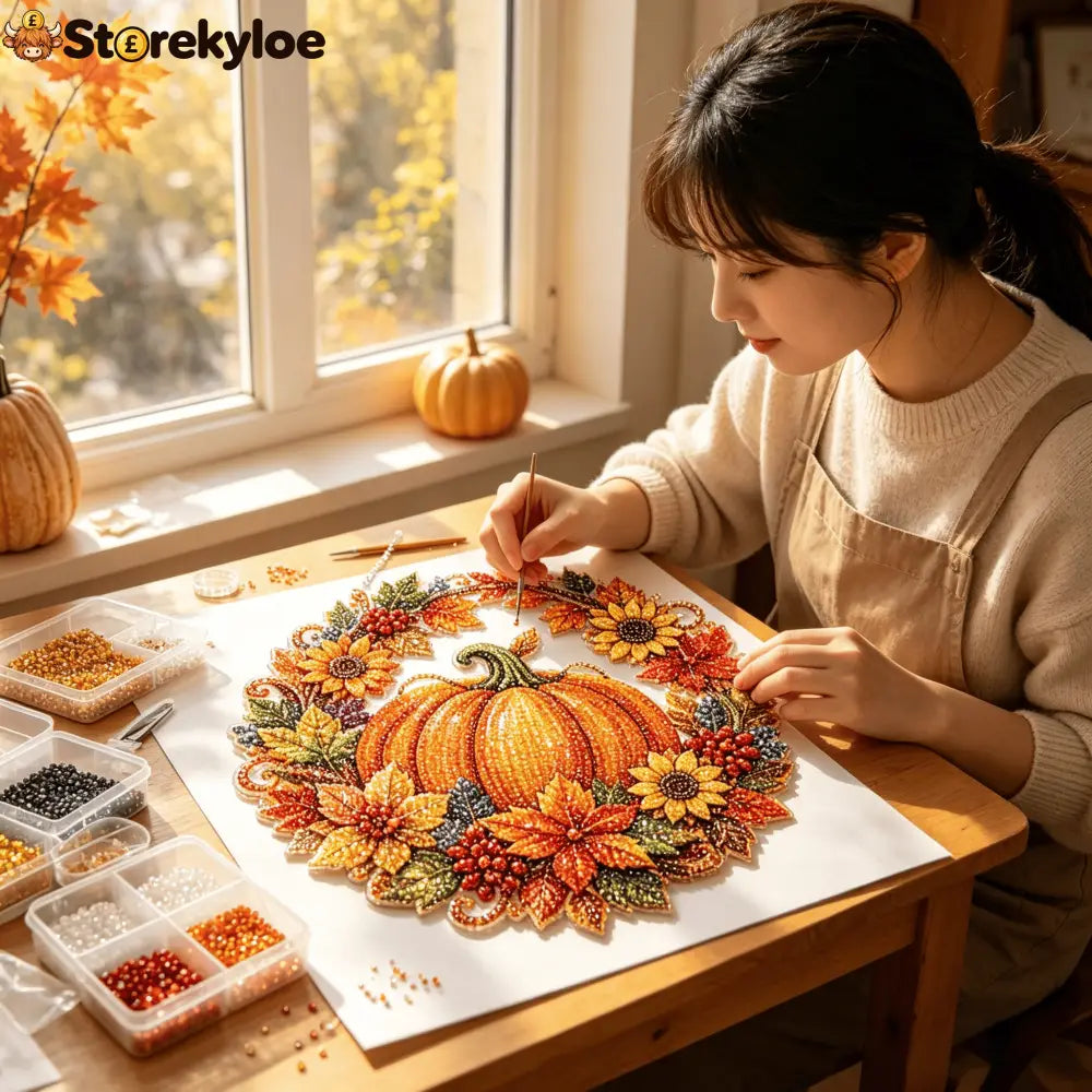 🍂 Autumnal pumpkin wreath with a diamond pattern to hang up – Complete DIY kit