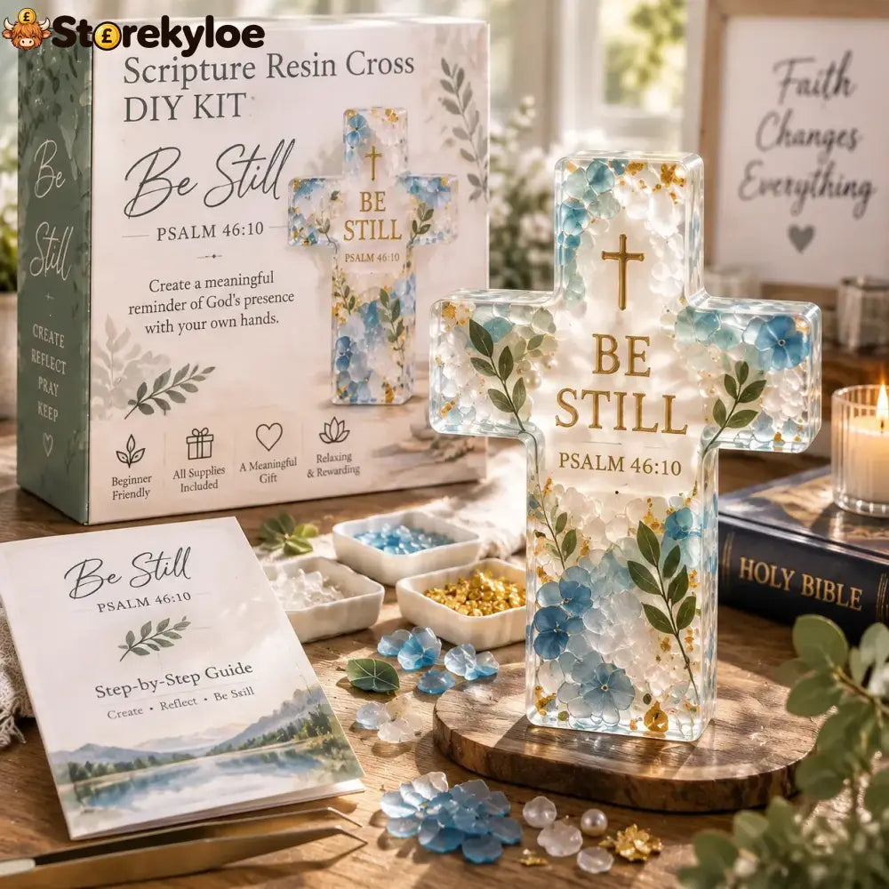 ✝️ Beginner-friendly Be Still Scripture Resin Cross Diy Kit | Complete Kit With Cross Mold Two-part Resin Florals Gold