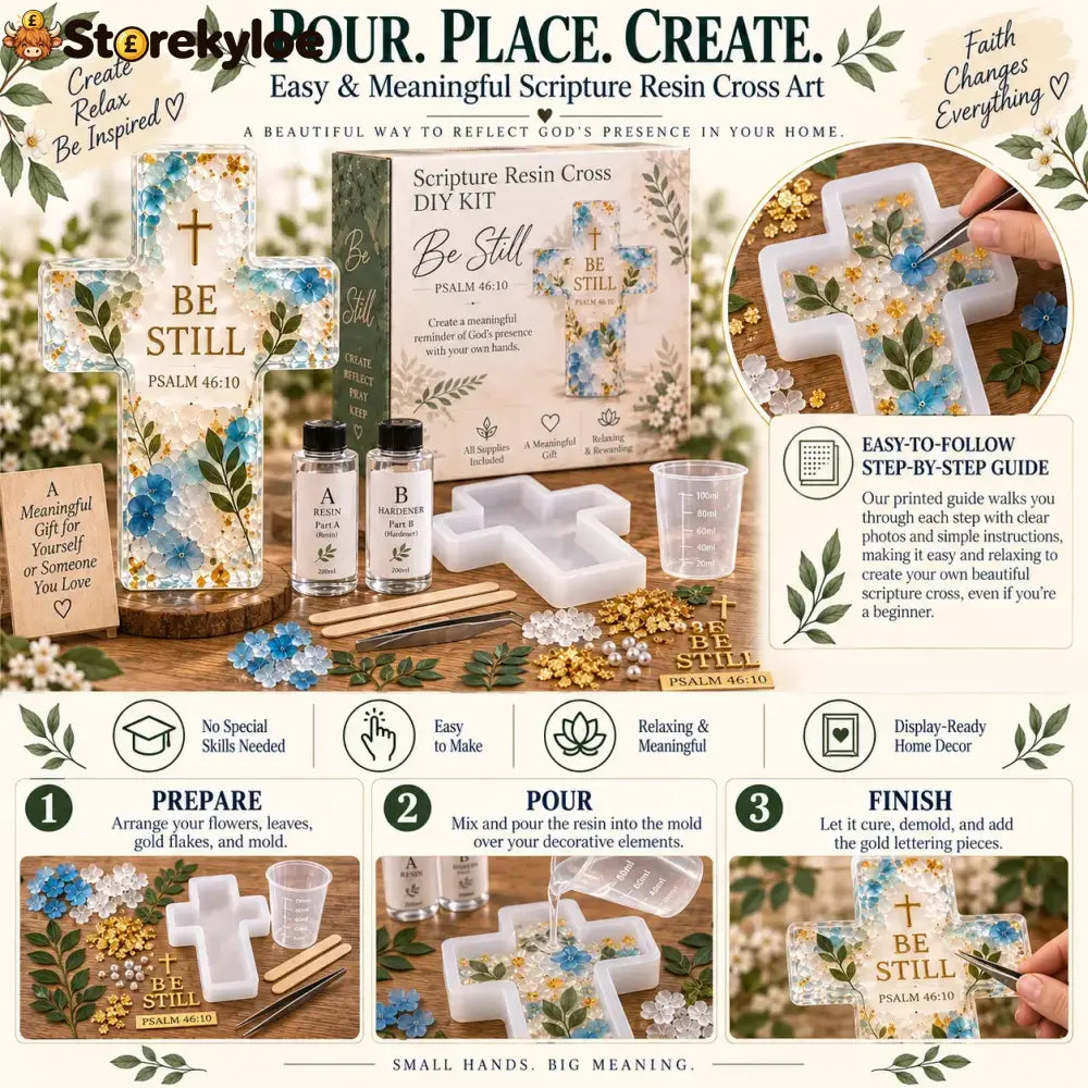 ✝️ Beginner-friendly Be Still Scripture Resin Cross Diy Kit | Complete Kit With Cross Mold Two-part Resin Florals Gold