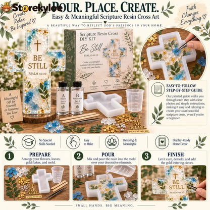 ✝️ Beginner-friendly Be Still Scripture Resin Cross Diy Kit | Complete Kit With Cross Mold Two-part Resin Florals Gold