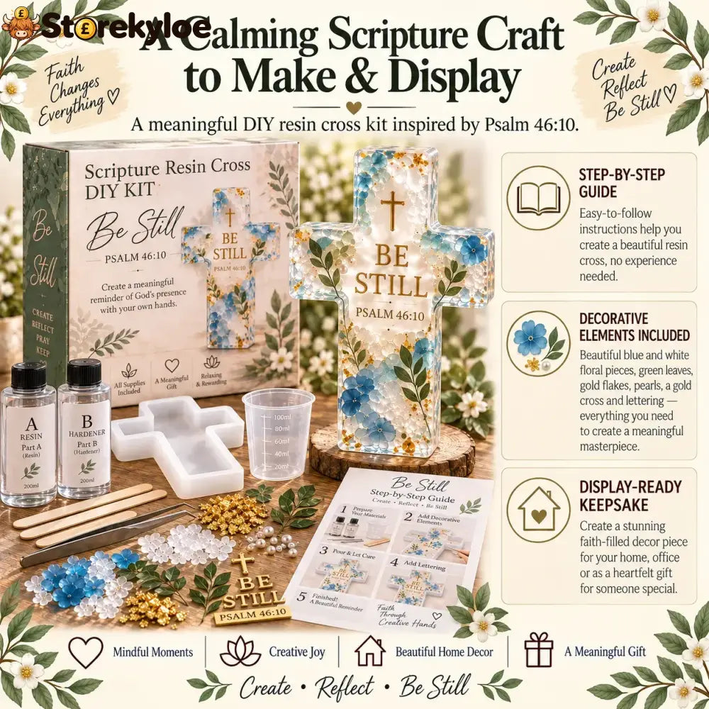 ✝️ Beginner-friendly Be Still Scripture Resin Cross Diy Kit | Complete Kit With Cross Mold Two-part Resin Florals Gold