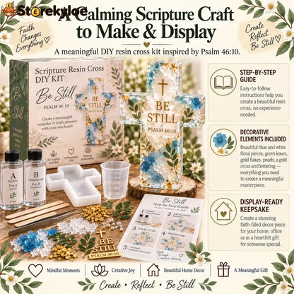 ✝️ Beginner-friendly Be Still Scripture Resin Cross Diy Kit | Complete Kit With Cross Mold Two-part Resin Florals Gold