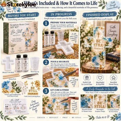 ✝️ Beginner-friendly Be Still Scripture Resin Cross Diy Kit | Complete Kit With Cross Mold Two-part Resin Florals Gold