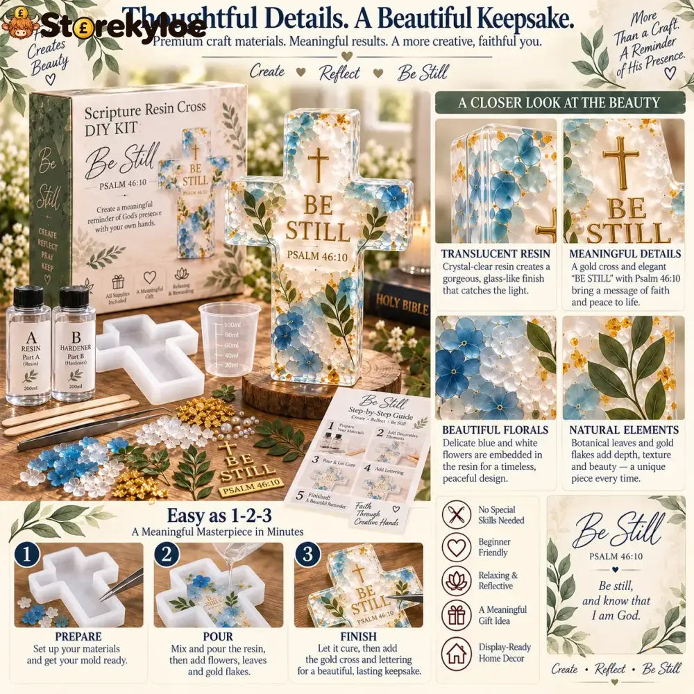 ✝️ Beginner-friendly Be Still Scripture Resin Cross Diy Kit | Complete Kit With Cross Mold Two-part Resin Florals Gold