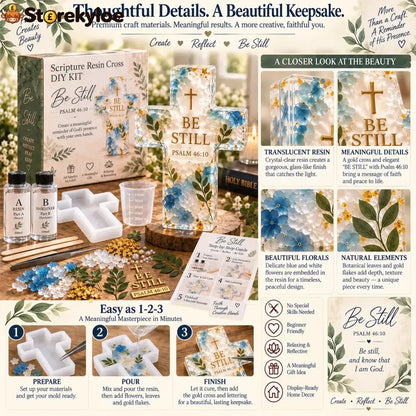 ✝️ Beginner-friendly Be Still Scripture Resin Cross Diy Kit | Complete Kit With Cross Mold Two-part Resin Florals Gold