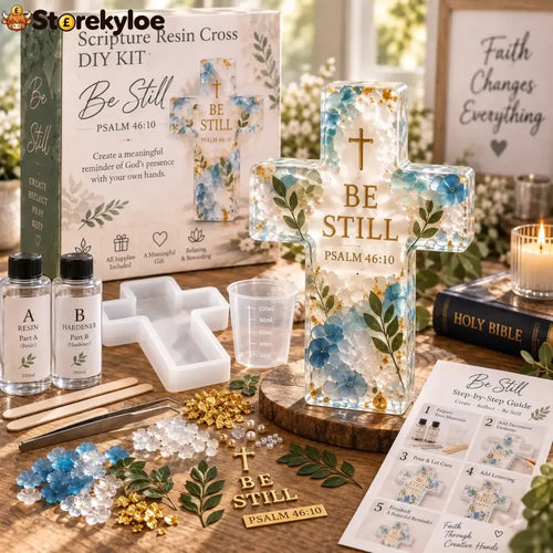 ✝️ Beginner-friendly Be Still Scripture Resin Cross Diy Kit | Complete Kit With Cross Mold Two-part Resin Florals Gold