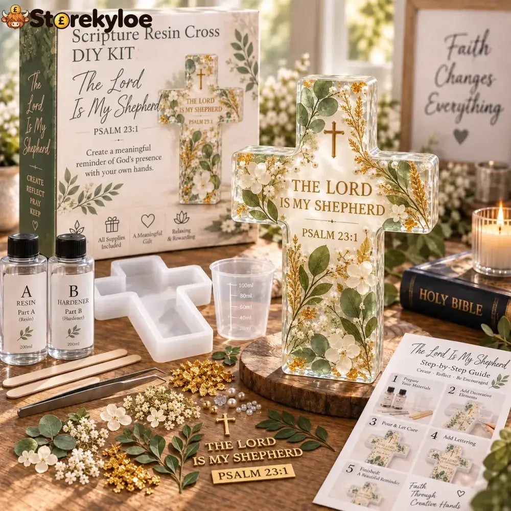 ✝️ Beginner-friendly Be Still Scripture Resin Cross Diy Kit | Complete Kit With Cross Mold Two-part Resin Florals Gold