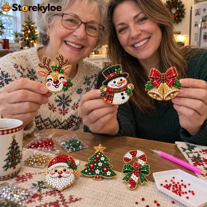 🎄Beginner-Friendly Christmas Diamond Painting Brooch DIY Kit | 6 Festive Designs with Sparkling Gems & Pin Backs 💎
