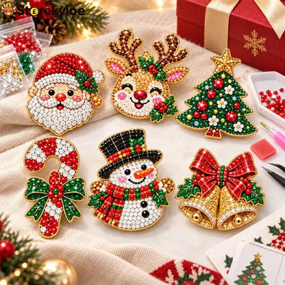 🎄Beginner-Friendly Christmas Diamond Painting Brooch DIY Kit | 6 Festive Designs with Sparkling Gems & Pin Backs 💎