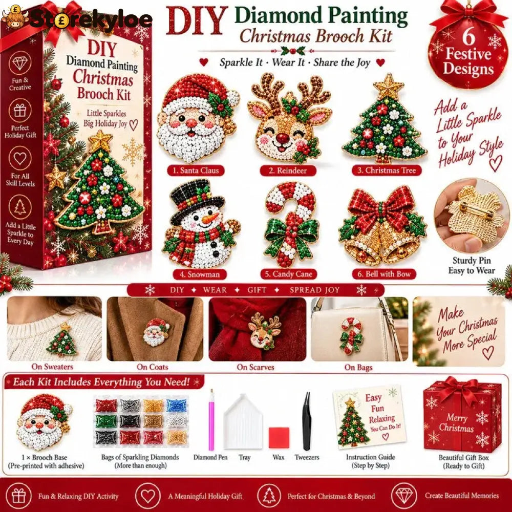 🎄Beginner-Friendly Christmas Diamond Painting Brooch DIY Kit | 6 Festive Designs with Sparkling Gems & Pin Backs 💎