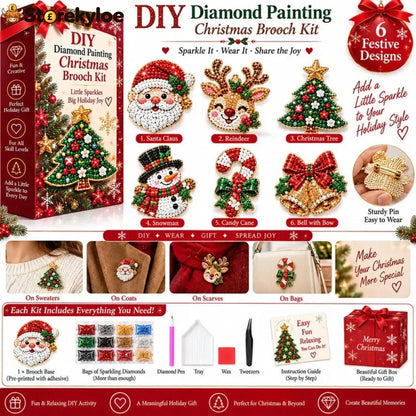 🎄Beginner-Friendly Christmas Diamond Painting Brooch DIY Kit | 6 Festive Designs with Sparkling Gems & Pin Backs 💎