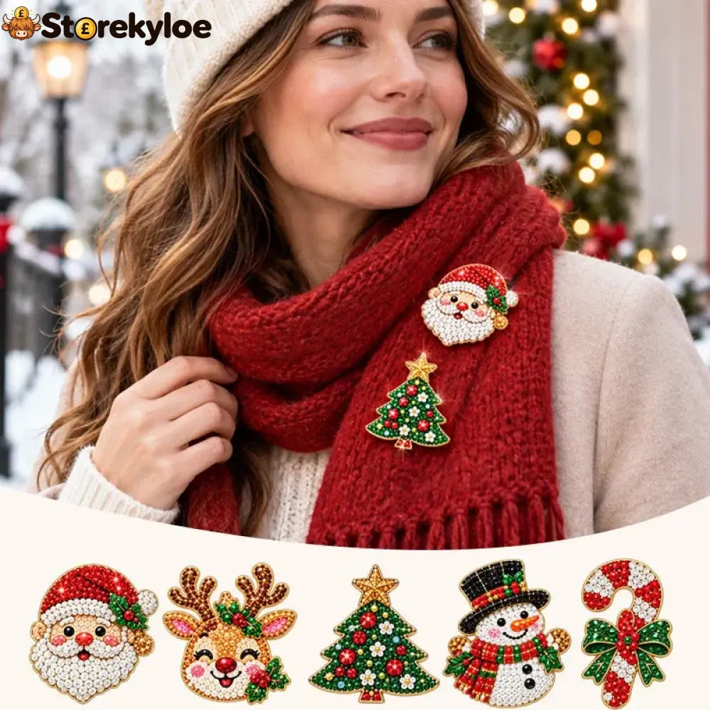 🎄Beginner-Friendly Christmas Diamond Painting Brooch DIY Kit | 6 Festive Designs with Sparkling Gems & Pin Backs 💎