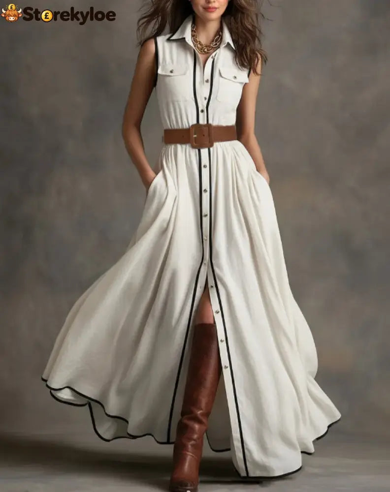 Belted Contrast Piping Maxi Shirt Dress
