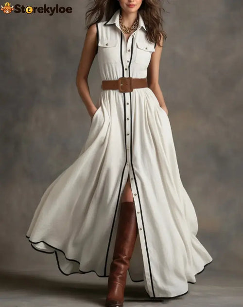 Belted Contrast Piping Maxi Shirt Dress