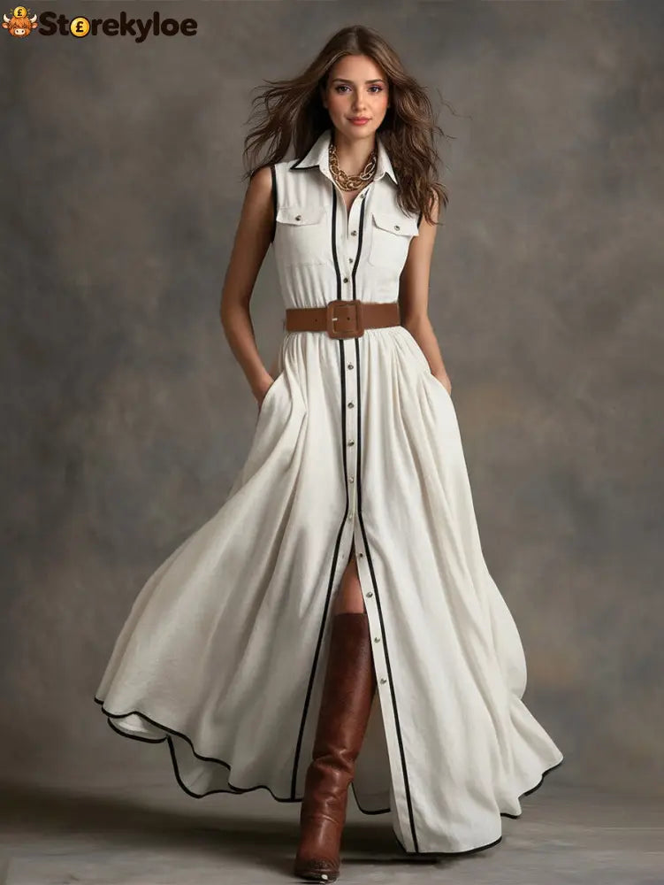 Belted Contrast Piping Maxi Shirt Dress - White / S